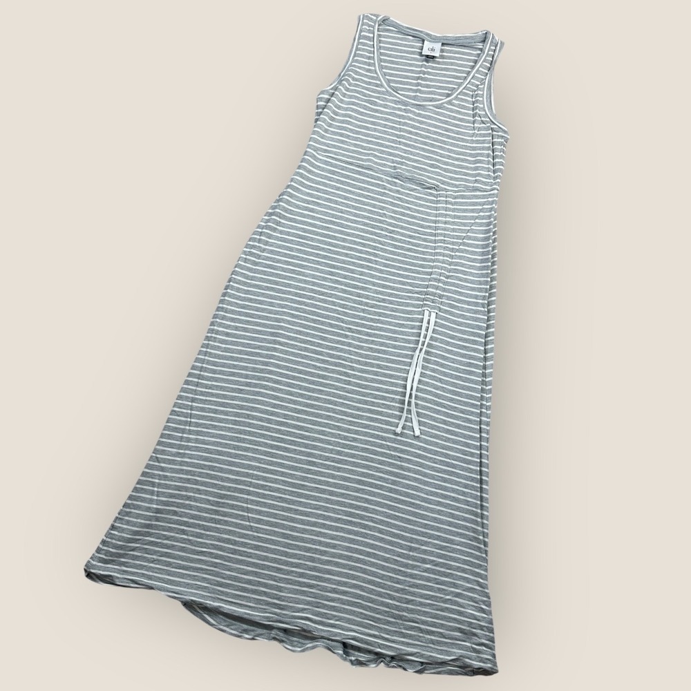 Cabi Gray Striped Maxi Dress Sleeveless Casual Drawstring Pocket Women's
